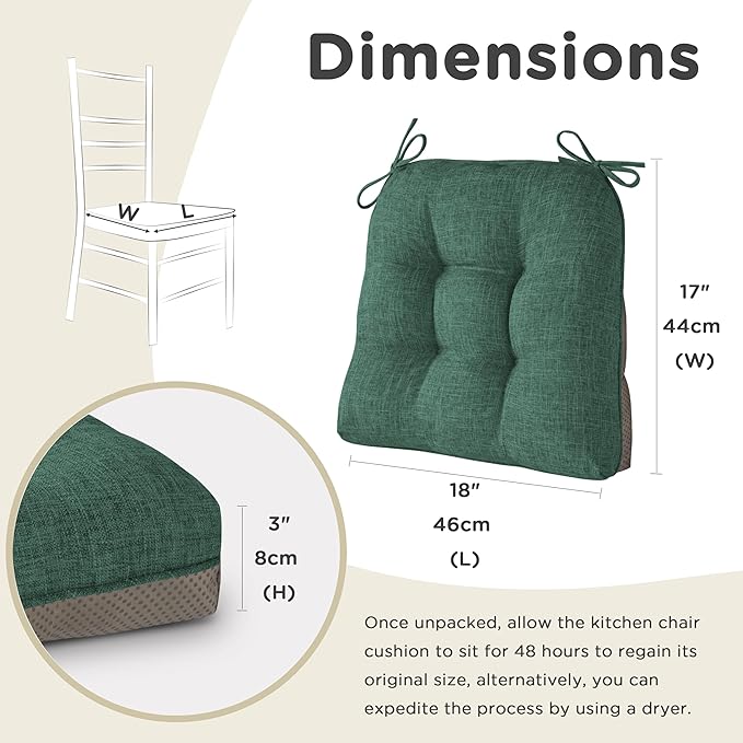 AddGrace Chair Cushions for Dining Chairs Set of 1 Kitchen Seat Cushions with Ties and Non Slip Backing Tufted Indoor Seat Pad for Kitchen Dining Room 18" x 17" x 3" Dark Green
