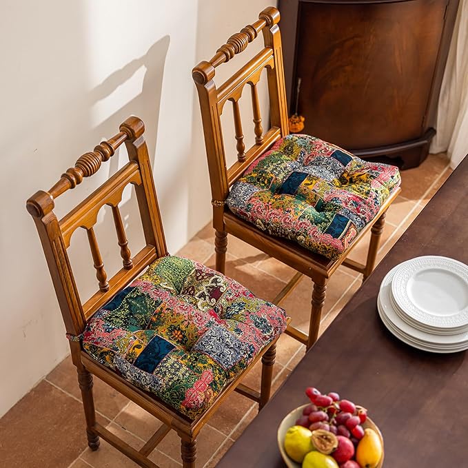 vctops Boho Paisley Chair Cushions with Ties Patchwork U-Shaped Soft Cozy Cotton Linen Chair Pads Non Slip Seat Cushions for Indoor Dining Room and Kitchen Chairs (Pink A,16"x16")