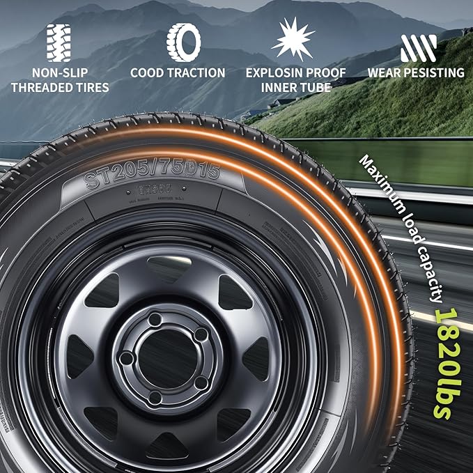 2-Pack Trailer Tire On Rim ST205/75D15 Trailer Tires and Wheels 5 Lug on 4.5 in PCD Trailer Tires with 15 in Rims Load Range C 6PR Black