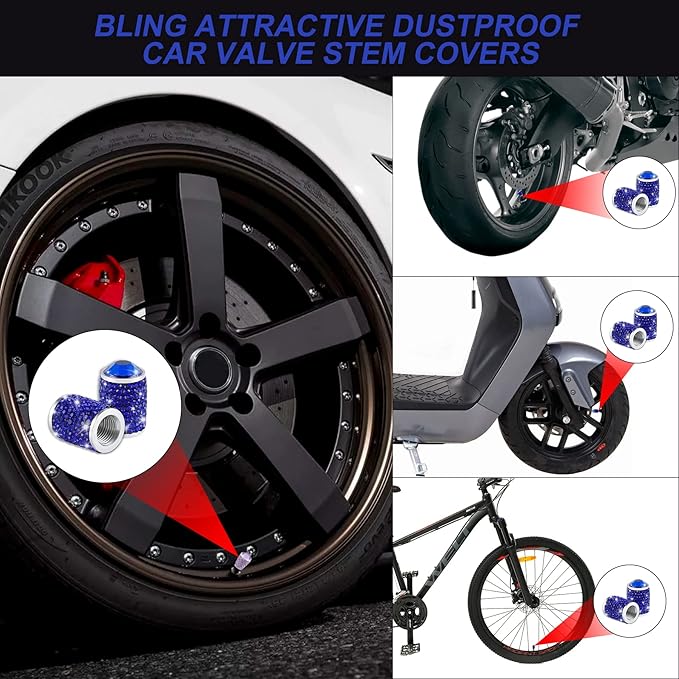 Alpmosn Car Wheel Tire Valve Caps, 4 PCS Bling Tire Valve Caps, Crystal Tire Caps Shinny Rhinestone for Women, Universal Car Dustproof Tire Valve Caps for Cars, Trucks, SUV and Motorcycles (Blue)