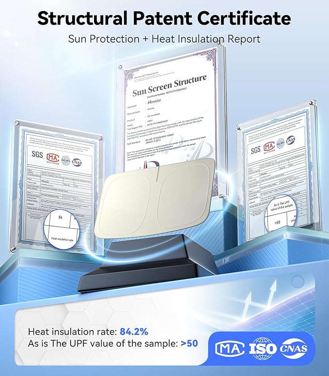 Nmoiss Ice Silk Air-Cooled Car Windshield Sun Shade, [Enjoy Superior Coolness & Comfort] 84.2% Heat Insulation UPF>50 UV Block, Interior Protection, Universal Fit for Car SUV Accessories, Small