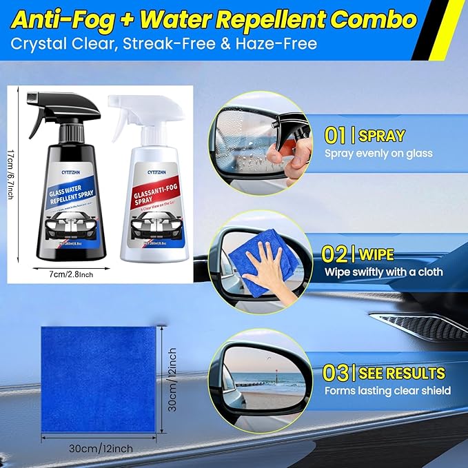 Water Repellent & Anti Fog Spray for Car Windscreen, Windows, Mirrors, Goggles, Helmets - Waterproof Defogger Spray for Automotive Glasses - Pack of 2