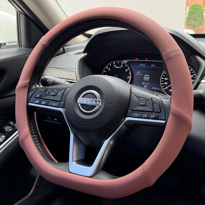 PINCTROT D Shaped Nappa Leather Steering Wheel Cover with Ergonomic Palm Support Grip, Full Perforated Breathable, Slim Fit No Bulk Design, Flat Bottom 14.5-15 Inch (Maple Brown)