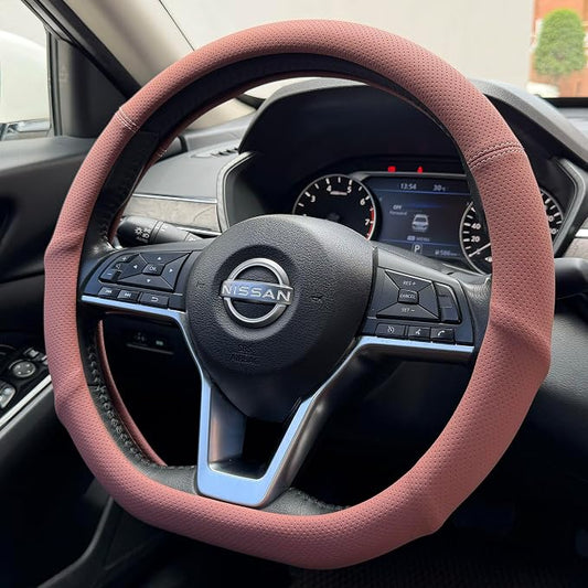 PINCTROT D Shaped Nappa Leather Steering Wheel Cover with Ergonomic Palm Support Grip, Full Perforated Breathable, Slim Fit No Bulk Design, Flat Bottom 14.5-15 Inch (Maple Brown)
