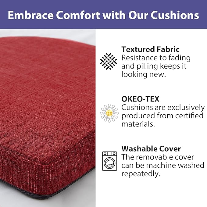 IPYNBAP Chair Cushions for Dining Chairs, Kitchen Chair Cushions, 16'' x 16'' x 2'', Non Slip Indoor Seat Cushions, Chair Pads for Dining Chairs with Ties & Removable Cover, Set of 4, Red