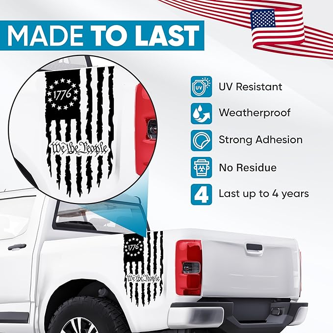 GRITKULTURE We The People Distressed American Flag Decal Vinyl for Trucks, Cars, Tailgate, Windows Preamble of The US Constitution fits Most Pickup Trucks-Rear USA Flag Car Sticker (Black)