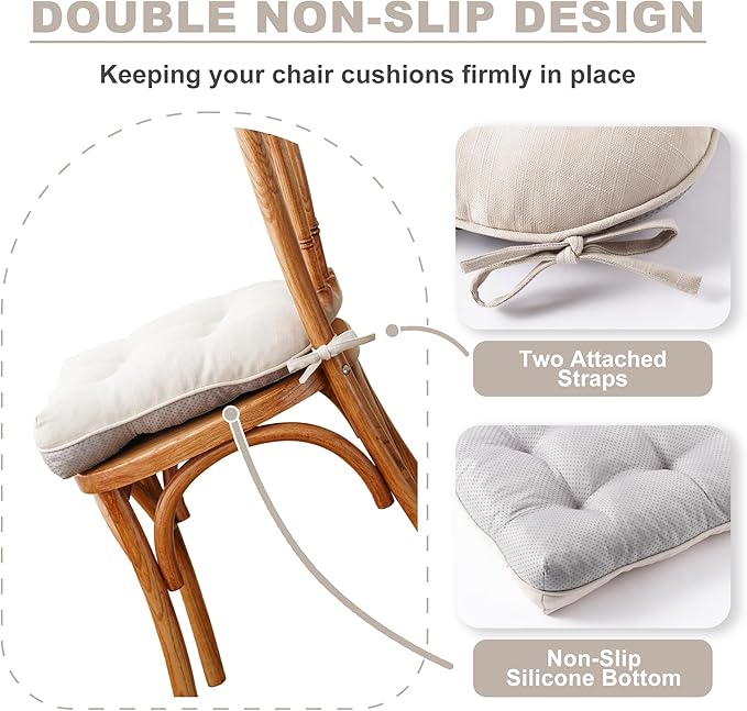 Battilo Chair Cushions Set of 2 for Dining Chairs, Seat Cushions for Kitchen Chairs with Non-Slip Backing, Indoor/Outdoor Waterproof Chair Seat Pads with Ties, 15.5"x15.5"x4", Beige