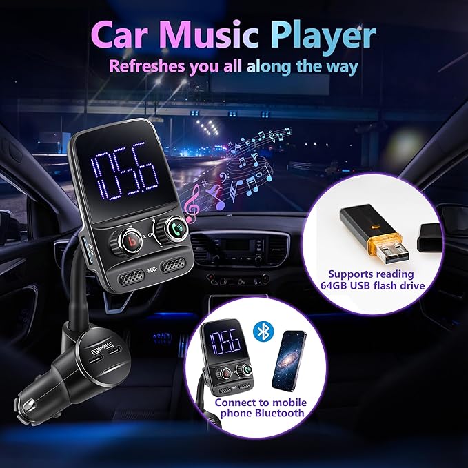 Upgraded Bluetooth FM Transmitter, Wireless Radio Adapter Hands Free Car Kit with 1.7'' Display, QC3.0 and Smart 2.4Amp Dual USB Ports, AUX Input/Output, TF Card Mp3 Player (Black,Pd 30W)