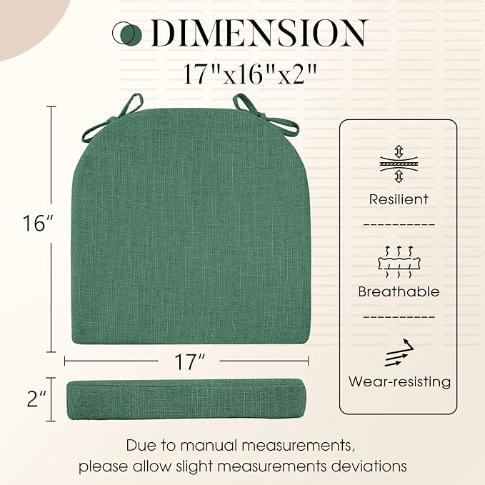 Basic Beyond Chair Cushions for Dining Chairs with Ties and Removable Cover, 2" Thick Seat Cushions for Kitchen Chairs, Set of 6, 17" x 16", Forest Green