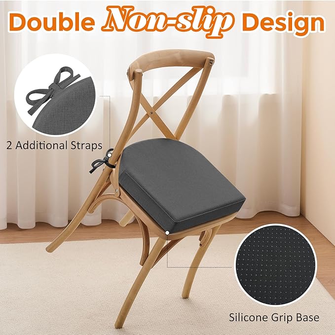 downluxe Chair Cushions for Dining Chairs, Memory Foam Linen Kitchen Chair Pads with Ties, Waterproof, Stain-Resistant and Washable Cover, 17" x 16" x 2.5", Dark Grey, 4 Pack