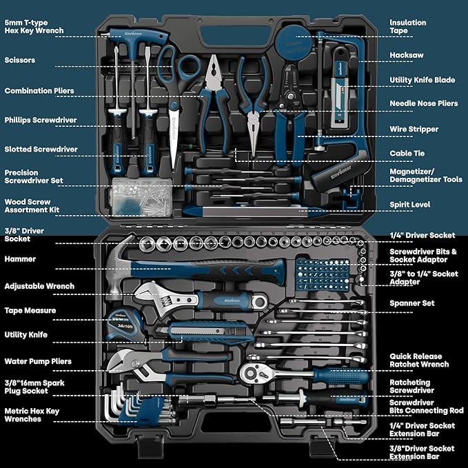 Enventor Tool Set, 220-Piece Home Tool Kit with Toolbox, Wrench and Hand Tools for Home Repairs, Auto Maintenance, DIY & General Use,Household Repair Tools for Men & Women, Blue