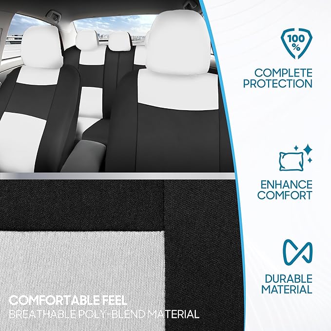 BDK PolyPro Car Seat Covers Full Set in White on Black, Front and Rear Split Bench Seat Covers for Cars, Easy to Install Car Seats Cover Set and Accessories for Auto Trucks Van SUV - White