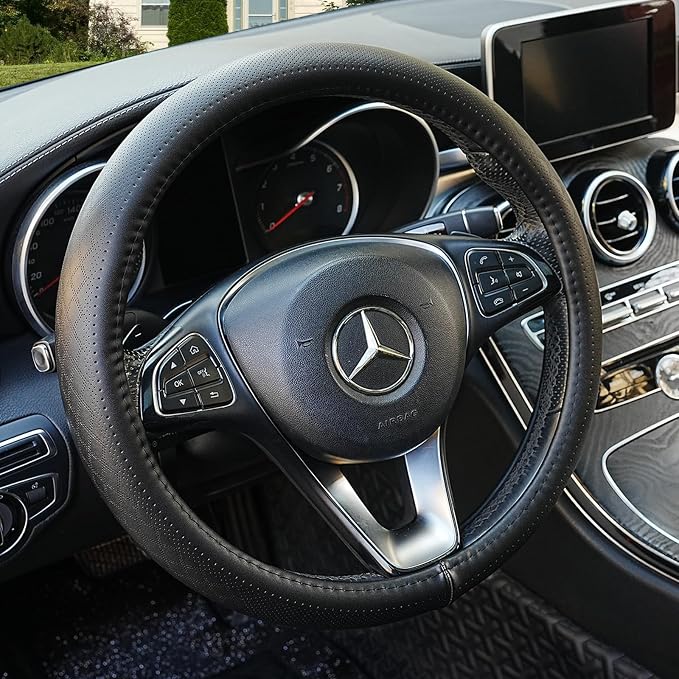 Black Genuine Leather Car Steering Wheel Cover Men Women,Cowhide Wheel Cover,Soft,Breathable,Anti-Slip,Luxury Steering Wheel Cover,Large Size 15.5-16 inch(L)
