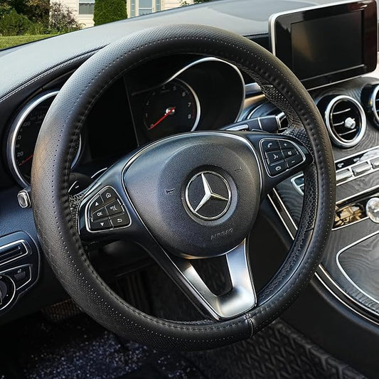 Black Genuine Leather Car Steering Wheel Cover Men Women,Cowhide Wheel Cover,Soft,Breathable,Anti-Slip,Luxury Steering Wheel Cover,Large Size 15.5-16 inch(L)
