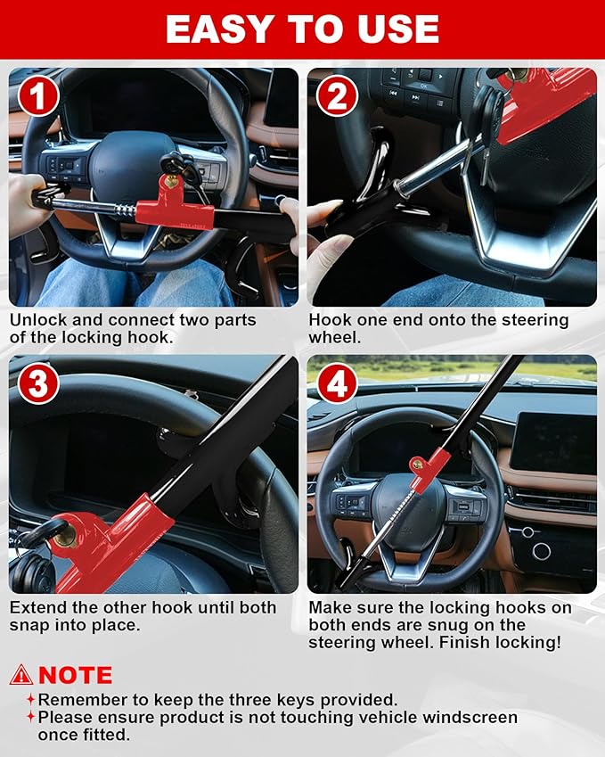 Tevlaphee Car Steering Wheel Lock Great Deterrent Adjustable Car Lock Steering Wheel Anti Theft Car Device for Vehicles,Trucks,Vans,SUVs (Black)
