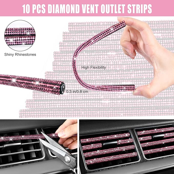 CAR PASS Bling Pink Car Accessories Set for Women, Sparkly Rhinestone Diamond Steering Wheel Cover Seat Belt Cushion Glitter Shift Knob Cover Car Cup Holder Coaster Cute Interior Sets, Pink 22 PCS
