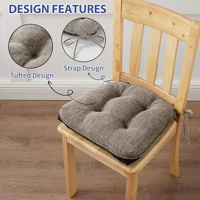 IPYNBAP Chair Cushions for Dining Chairs Set of 6, Kitchen Chair Cushions, Chair Pads with Ties and Non Slip Backing, Tufted Memory Foam Seat Cushion 6 Pack, 15.5" x 15.5" x 4", Khaki