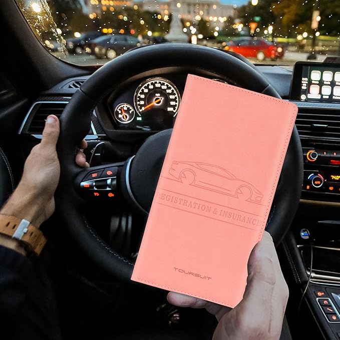 TOURSUIT Car Registration and Insurance Card Holder, Vehicle License Document Glove Box Compartment Organizer, Interior Car Accessories for Women Men Teens (Pink)