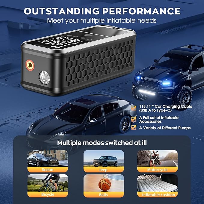 160PSI Tire Inflator Portable Air Compressor, 6000mAh Air Pump for Car Tires Cordless Bike Pump with LED Light&Auto Shut-Off Function Portable Tire Inflator for Car, Motorcycle, Bicycle, Ball