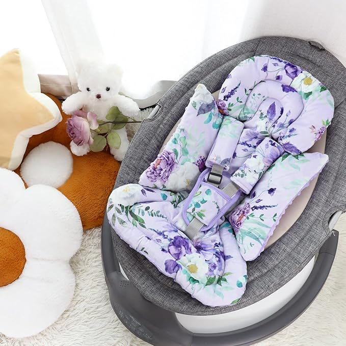 Infant Car Seat Insert and Strap Covers, Very Soft Car Seat Head Support Baby Girl Boy, Reversible Newborn Carseat Insert Cushion Fits for Stroller, Baby Swing, Bouncer (Purple Floral)
