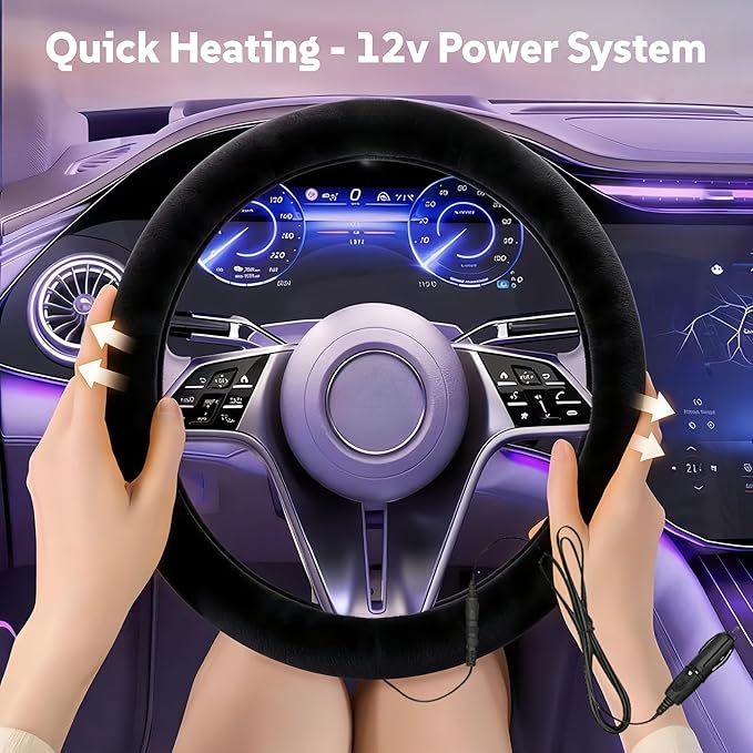 Heated Steering Wheel Cover – 12V Fast Heating PU Leather Car Wheel Warmer,Universal Fit 14.5"–15.5" for Car,SUV,Truck（Black）