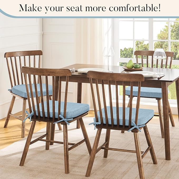 Basic Beyond Chair Cushions for Dining Chairs 4 Pack, Kitchen Chair Cushions with Ties and Non Slip Backing, 16 x 16 inches Chair Pads for Dining Chairs (Baby Blue)