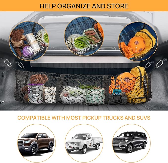 Cargo Net Truck Bed Organizer, Heavy Duty Tailgate Mesh for Pickup Truck,Trunk Storage Net with 3 Pockets & Metal Hooks, Fits Ford F150, Silverado, GMC Sierra, Ram,43.3×11.8 in
