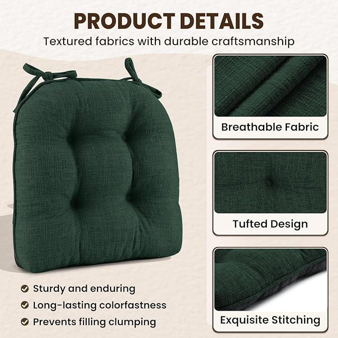 downluxe Indoor Chair Cushions for Dining Chairs, Tufted Overstuffed Textured Kitchen Chair Pads with Ties and Non-Slip Backing, 15.5" x 15.5" x 4", Dark Green, 6 Pack