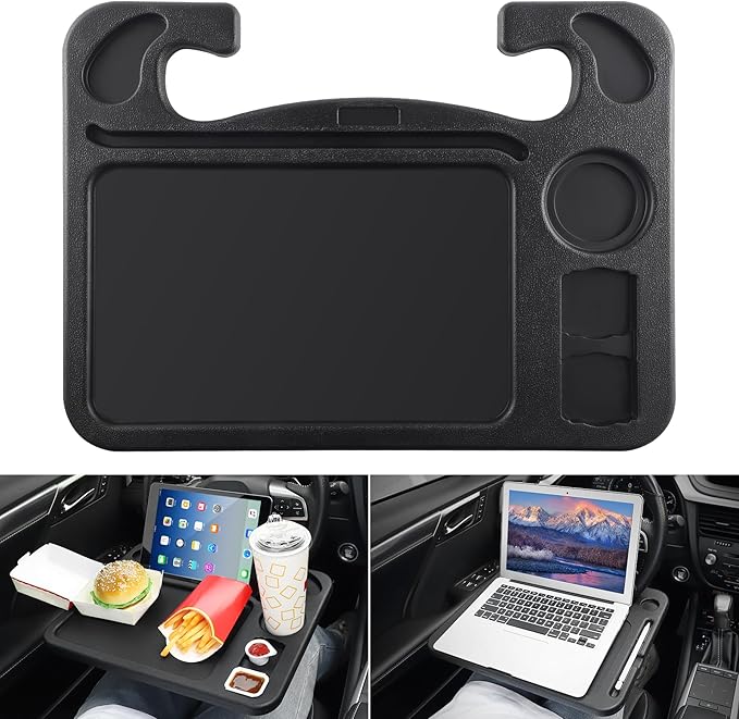 JUSTTOP 4 In 1 Car Steering Wheel Desk for Laptop,Versatile Upgraded Car Seat Tray, Spacious Steering Wheel Table With Tablet Holder and Dual Sauce Racks,Steering Wheel Under Table Console (Large)
