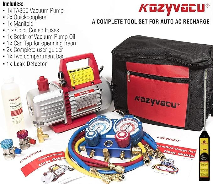 AUTO AC Repair Complete Tool Kit - 1-Stage 3.5 CFM Vacuum Pump, HVAC Manifold Gauge Set, Hoses, and Freon Leak Detector, Ideal for Automotive, Mini Split, and Refrigeration App (KZTA350F+)