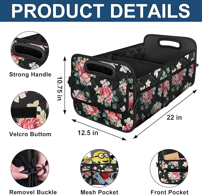 Deosk Trunk Organziers and Storage with 6 Big Pocket, 50L Waterproof Polyester Car Accessories for Women/Men (Medium, Floral)