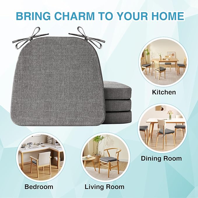 IASEAHK Chair Cushions for Dining Chairs Set of 4, Non Slip Kitchen Chair Pads, 17" x 16" x 2", Indoor Dining Chair Cushions with Ties, D-Shaped Seat Cushions for Kitchen Chairs, Dark Grey
