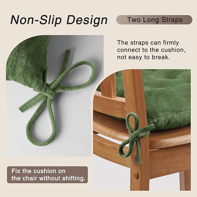 OVOV 6 Pack Chair Cushions for Dining Chairs Soft Seat Cushions for Kitchen Desk Chairs Square Chair Pads with Ties (15.5"x15.5" Green)