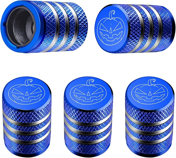 Tire Valve Stem Cap Cover - (5 Pack) Tire Air Cap Metal with Plastic Liner Corrosion Resistant Leak-Proof Halloween Pumpkin Car Decoration Accessories Blue