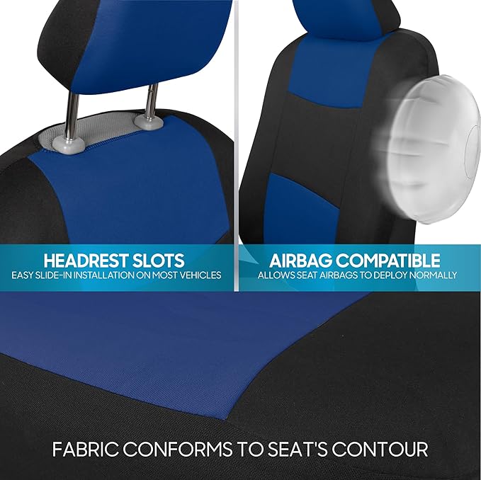 BDK PolyPro Car Seat Covers Full Set in Blue on Black, Front and Rear Split Bench Seat Covers for Cars, Easy to Install Car Seats Cover Set and Accessories for Auto Trucks Van SUV - Blue