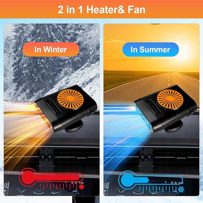 12V Car Heater,200W 2 in1 Automobile Windshield Heating Fan/Cooling Fan Car Defroster That Plugs Into Cigarette Lighter (Orange&Black)