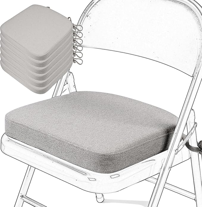 SINOSSO Memory Foam Chair Cushions for Folding Chairs 6 Pack, Thickened 2" Square Pads with Ties for Kitchen Chairs, Indoor Non-Slip Dining Chair Seat Cushions (Set of 6, Light Grey)