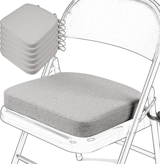 SINOSSO Memory Foam Chair Cushions for Folding Chairs 6 Pack, Thickened 2" Square Pads with Ties for Kitchen Chairs, Indoor Non-Slip Dining Chair Seat Cushions (Set of 6, Light Grey)