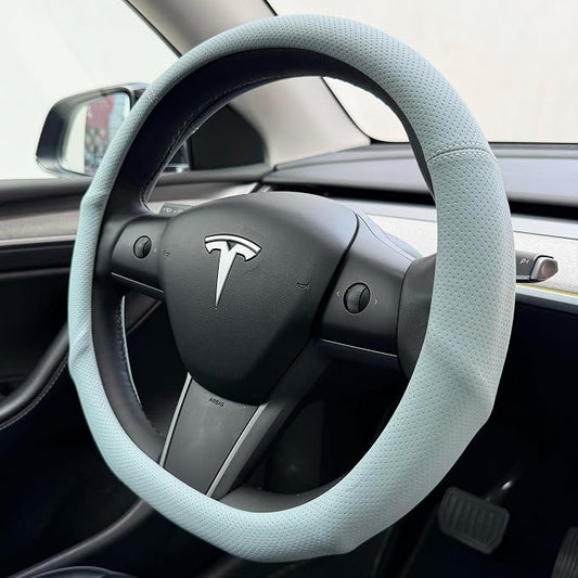 PINCTROT Supported Grip Nappa Leather Steering Wheel Cover for Tesla Model Y/3 Highland/Juniper, D Shaped 14 Inch Small Sized with Breathable Perforation, Flat Bottom 14 Inch(Ice Blue)
