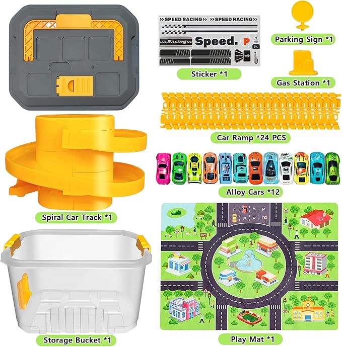 Toy Car Track Storage Playset - Toddler Toys for Ages 2-4, Car Track Set Including 12 Diecast Cars, PlayMat, Race Tracks, Car Ramp, Kids Birthday Gift for 2 3 4 5 Year Old Boys