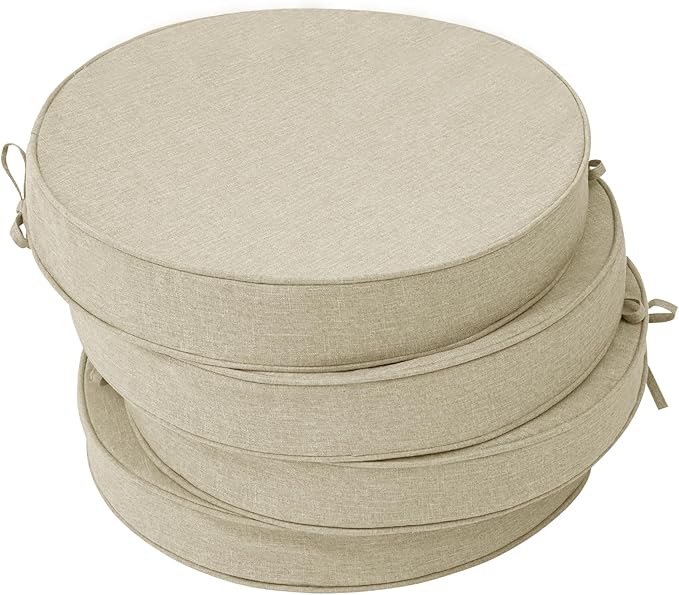Outdoor Round Chair Cushions 15 Inch, Fade-Resistant & Water-Resistant, Bistro Chair Seat Pads for Porch Garden Balcony Patio Furniture Stools, Non-Slip Bottom, Set of 4, Beige