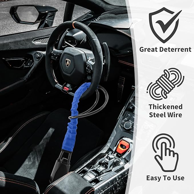 Car Steering Wheel Lock, 1 Pack Anti Theft Car Device with Max 17” Locking Length, Thickened Steel Wire, and Fine Stitched Edges, 3 Keys Included, Easy to Store, Fits Most Vehicles, SUVs（Blue）