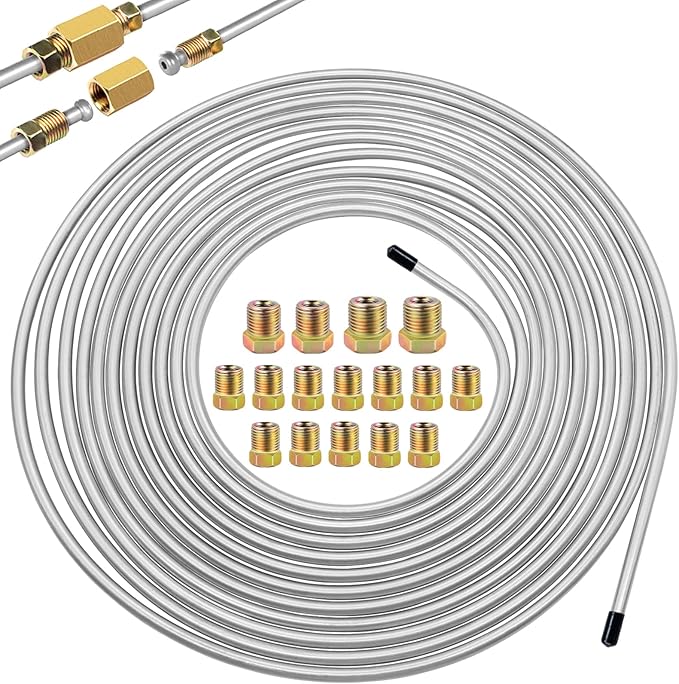 1/4Inch x 25 ft Brake Line Tubing Kit Flexible Zinc Coated Alloy Brake Line Tubing Coil with 16 Inverted Flare Fittings SAE Standard