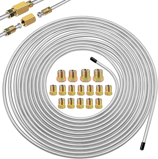 1/4Inch x 25 ft Brake Line Tubing Kit Flexible Zinc Coated Alloy Brake Line Tubing Coil with 16 Inverted Flare Fittings SAE Standard