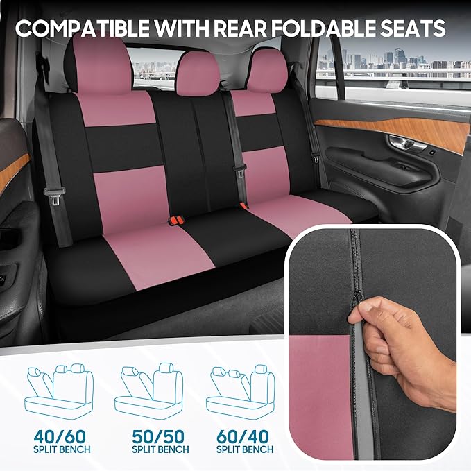 BDK PolyPro Car Seat Covers Full Set in Pink on Black, Front and Rear Split Bench Seat Covers for Cars, Easy to Install Car Seats Cover Set and Accessories for Auto Trucks Van SUV - Pink
