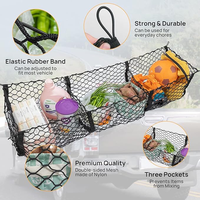 Cargo Net Truck Bed Organizer, Heavy Duty Tailgate Mesh for Pickup Truck,Trunk Storage Net with 3 Pockets & Metal Hooks, Fits Ford F150, Silverado, GMC Sierra, Ram,43.3×11.8 in