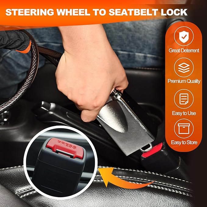 KAYCENTOP Car Steering Wheel Lock, Seat Belt Lock, Car Locks Anti-Theft Device with Aluminum Alloy Lock Housing, Max 17 Inch Length, High Visibility and Light-Weight, Universal Fit, 3Keys(Black)