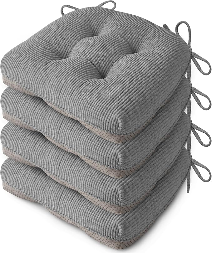 Indoor Kitchen Chair Cushions Set of 4 18"X16.5"X3" Soft Anti Slip Dining Chair Pads Tufted Kitchen Seat Cushion with Ties, Grey