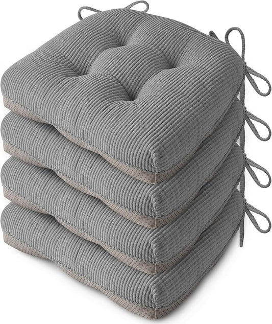 Indoor Kitchen Chair Cushions Set of 4 18"X16.5"X3" Soft Anti Slip Dining Chair Pads Tufted Kitchen Seat Cushion with Ties, Grey