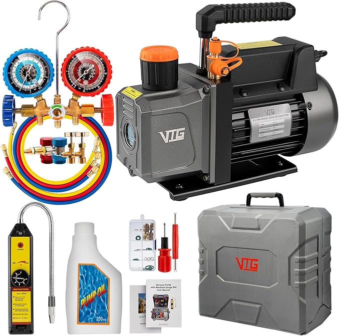 VTG VOGTEN 4.5 CFM AC Vacuum Pump and Gauge Set,for Mini Split/HVAC/Auto Systems,Manifold Gauge Kit Fits R134a R12 R22 R502,with Leak Detector,Upgraded Trifold Storage Case,3 Hoses,2 R134a Can Taps